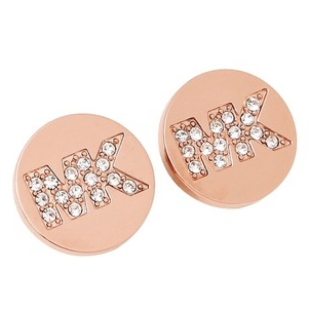 MICHAEL KORS Logo Stud Earrings Rose Gold Tone Studs Crystal Pave